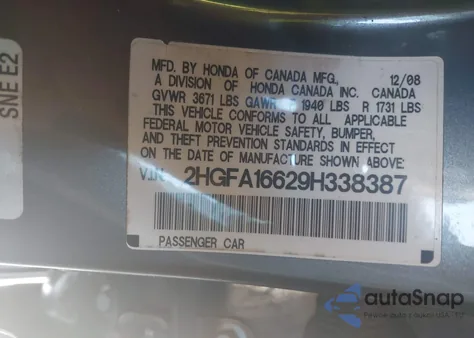 2009 Honda Civic Lx-S from USA, damaged, VIN 2HGFA16629H338387